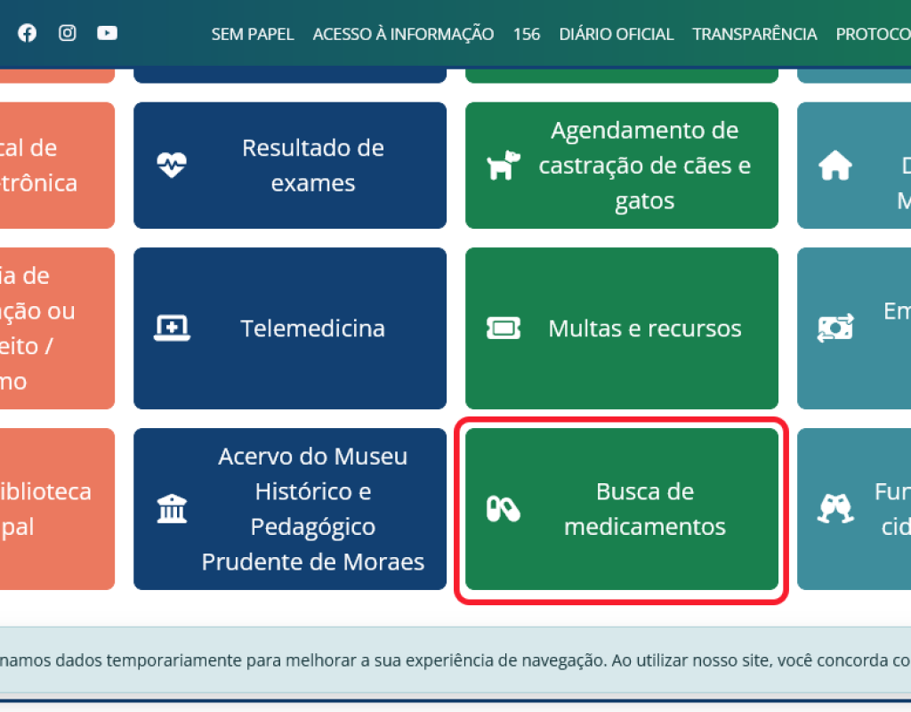 1-No site da Prefeitura, o usuário deve ir até acesso rápido e clicar em Busca de Medicamentos