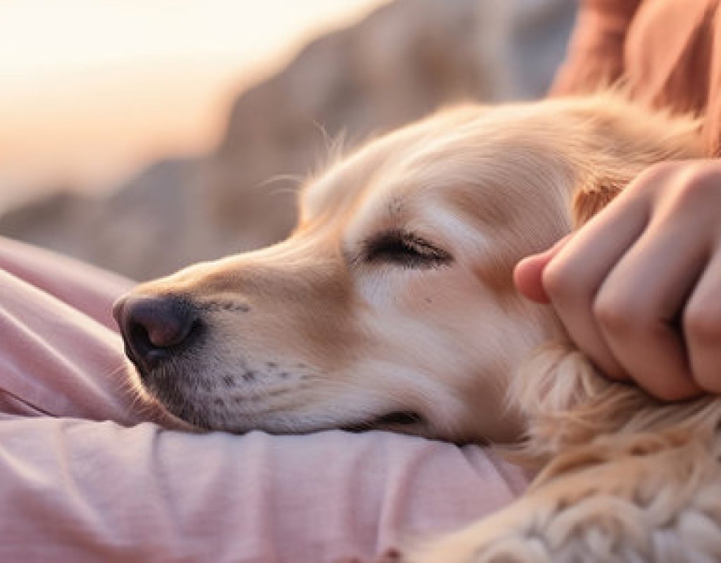 210841295-woman-sitting-with-a-happy-dog-outdoors