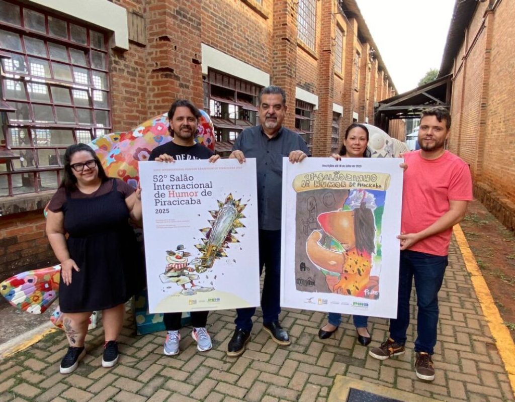 Bárbara Ferraz, Júnior Kadehi, secretário de Cultura, Carlos Beltrame, Paula Okuda e João Paulo De Marchi apresentam o cartaz da edição 2025