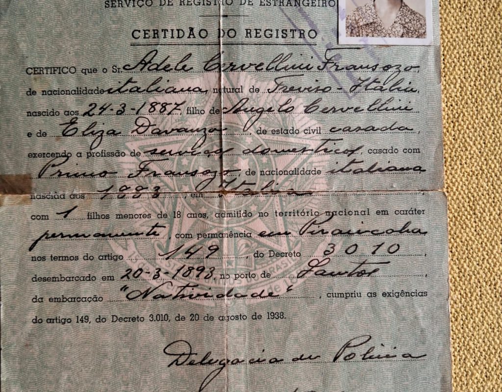 REGISTRO DE CHEGADA DE ADELE CERVELINI FRANZOSO.