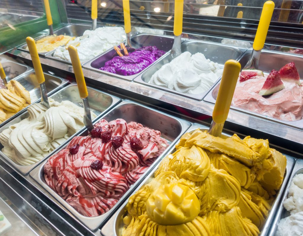 Colorful Gelato ice cream on display at a shop.