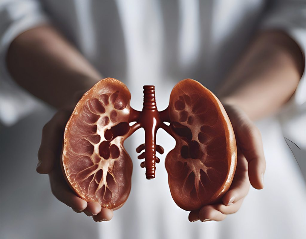 Female doctor holding human kidney model in her hands. closeup view