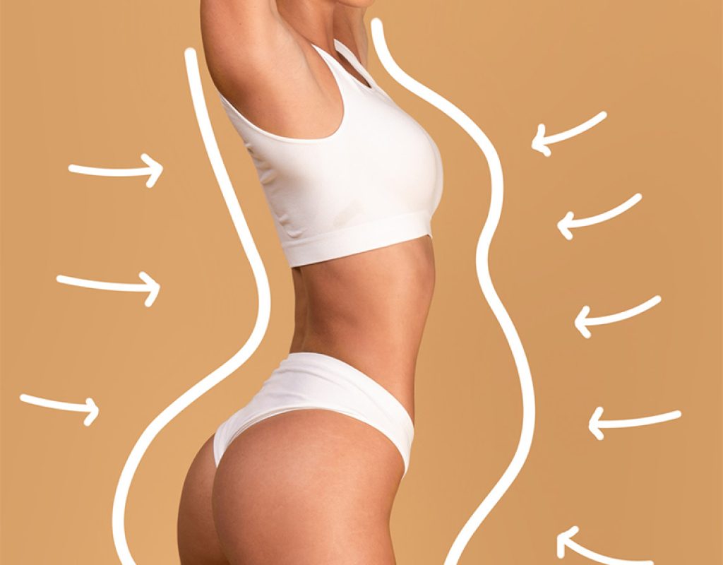 Liposuction concept. Drawn outlines with arrows around fit lady